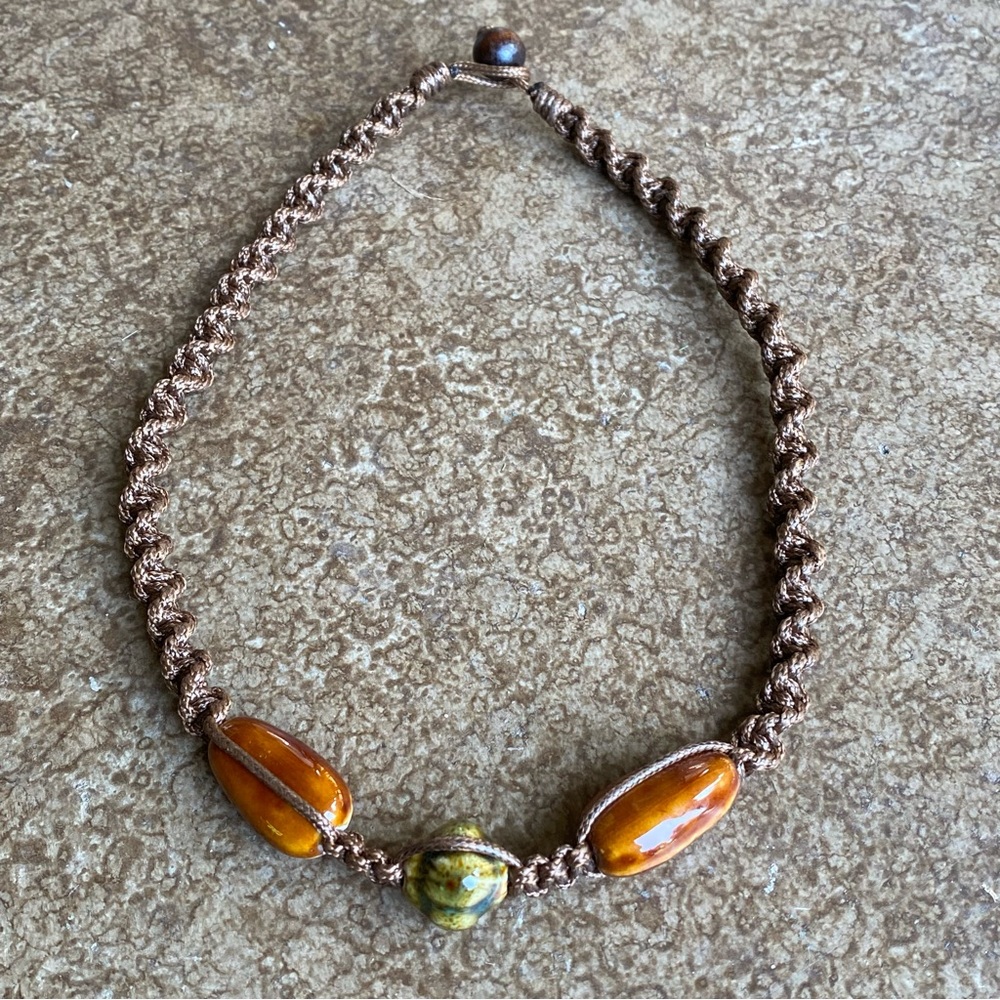 New Unisex Macrame Braided Rope necklace with ceramic beads and wooden closure